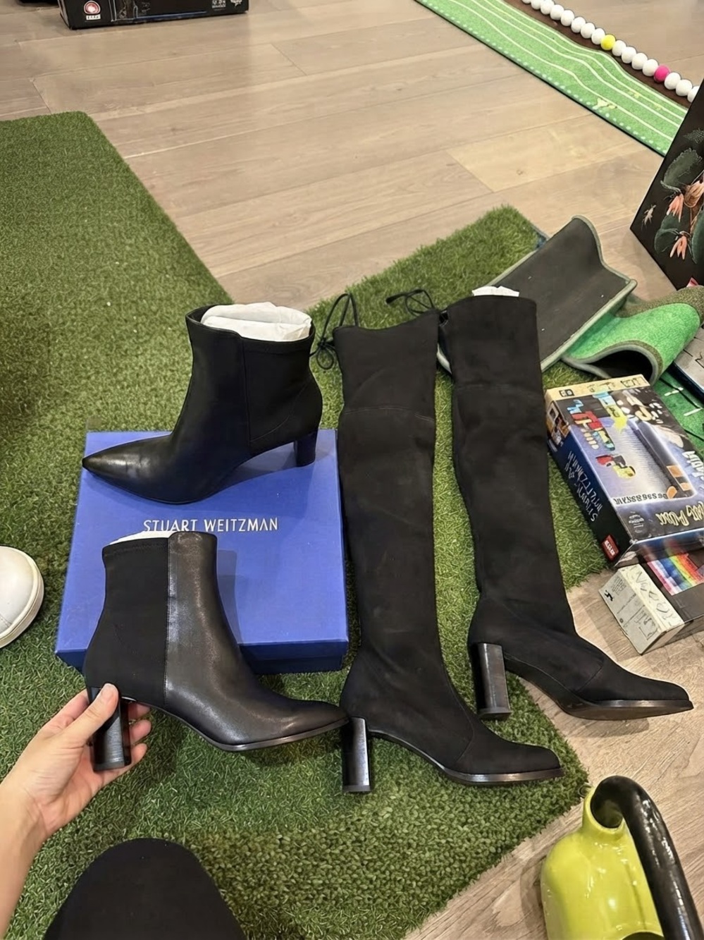 Stuart Weitzman Black Leather & Suede Knee-High and Ankle Boots